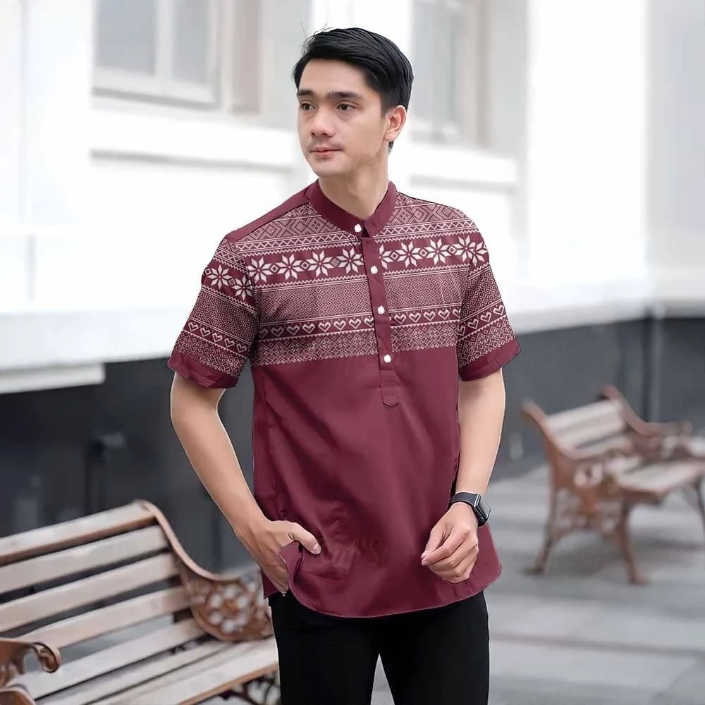 Camicia musulmana Raya Colletto alla coreana Manica corta Camicia da uomo Kurta Camicia casual stampata Henley per adulti Camicia cacao Camicia perfetta per Ramadan
