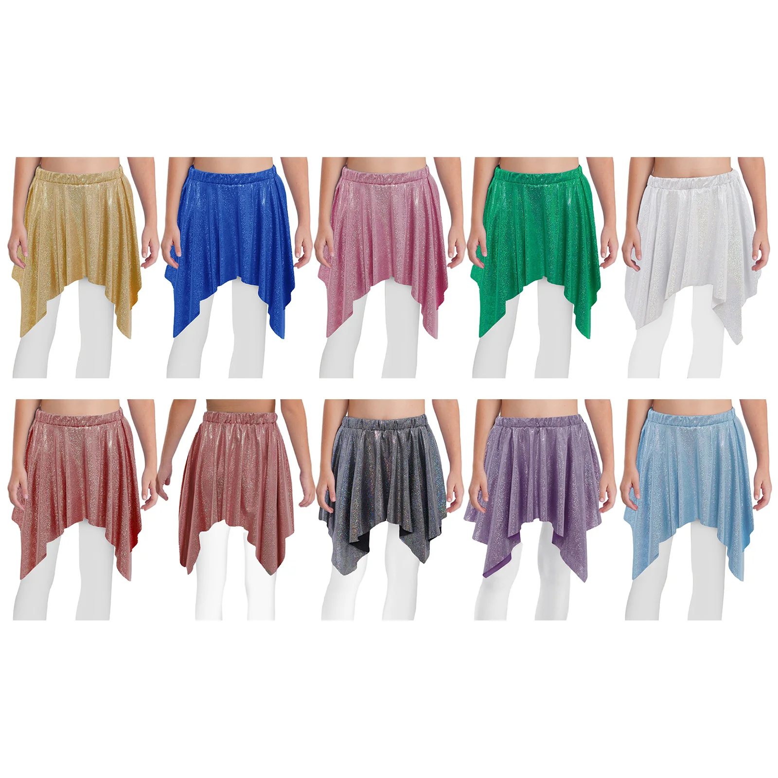 Kids Girls Jazz Ballet Dance Skirt Shiny Metallic Mini Dots Irregular Ruffled Skirts for Cheerleading Street Dance Performance