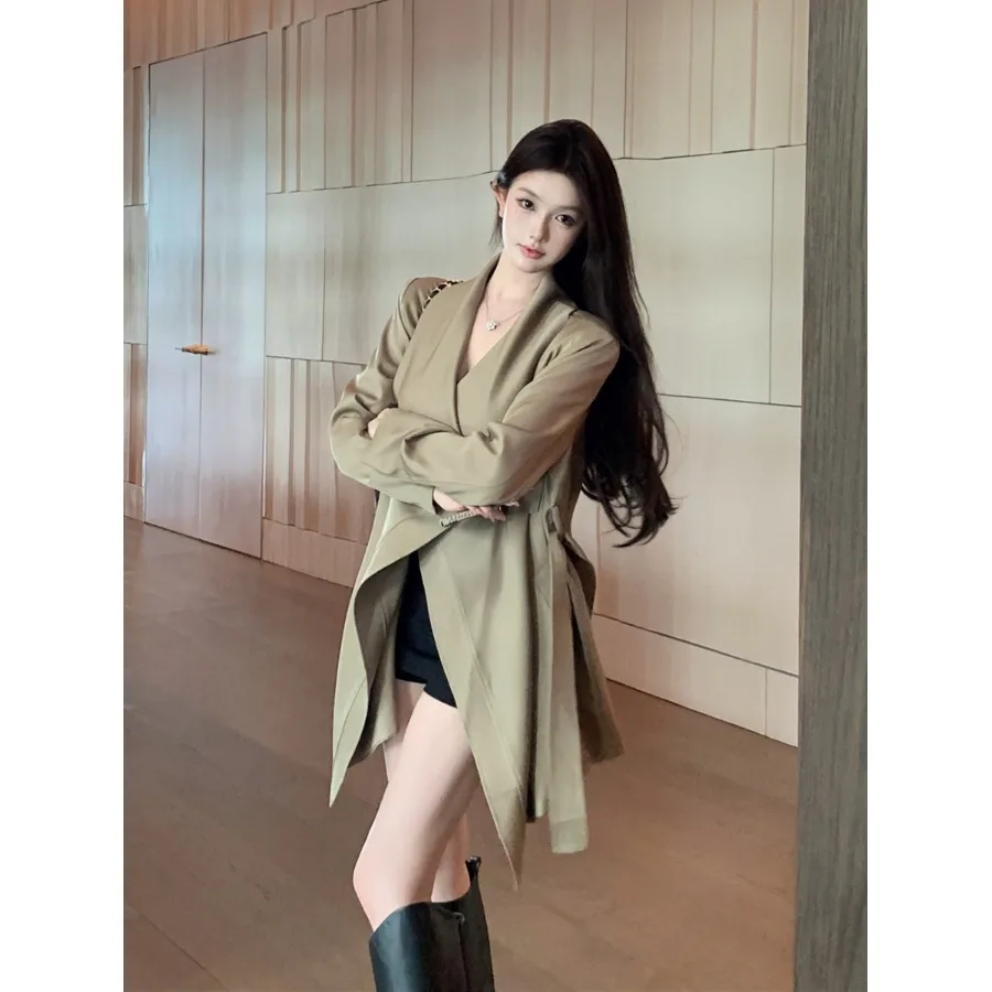 Fashionable Oversized Coat with Asymmetrical Collar Korean Style Women's Windbreaker Casual Leisure Outerwear Polyester Fiber