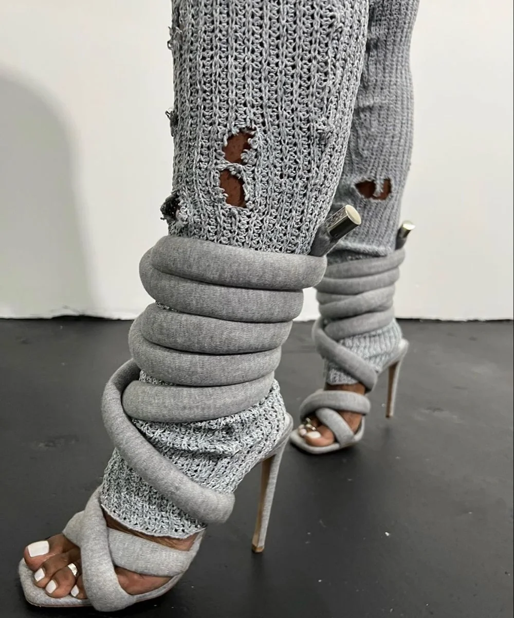 Design Dark Denim Knotted Strap Stiletto Heels Square Open Toe Chunky Thick Denim Straps Metal Tip Details Summer Casual Sandals view 2