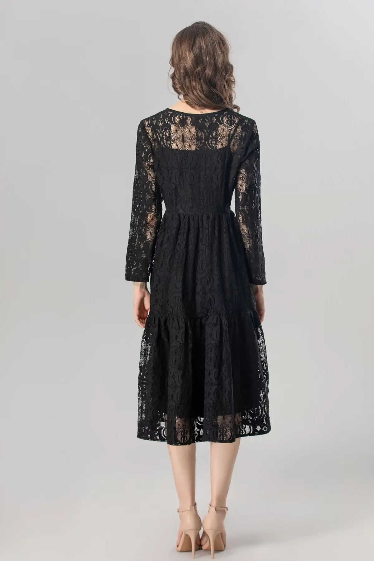 ZJYT Elegant Autumn Long Sleeve Lace Dresses for Women 2024 Fashion V Neck Hollow Out Midi Party Dress Black Vestidos Vintage