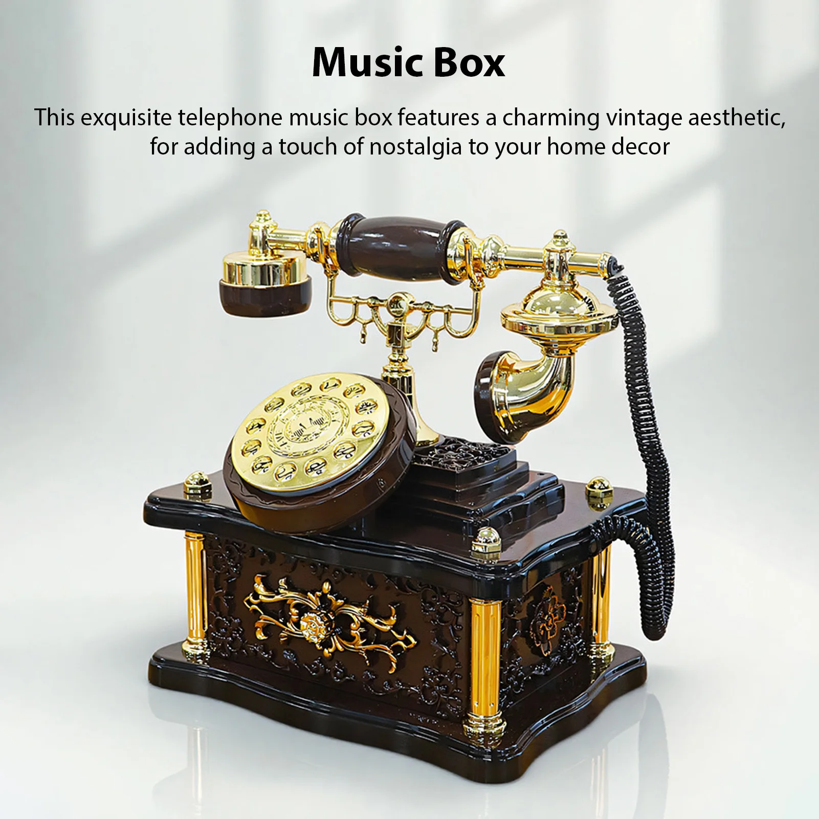 Music Box Wooden Musical Box Telephone Shape Vintage Nostalgic Old Music Box Ornaments for Birthday Holiday Gifts view 3