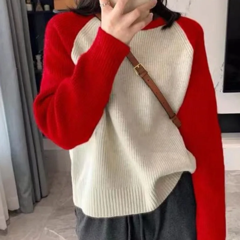 Round Neck Contrasting Color Knitted Sweater New Design Sense Autumn and Winter Casual Long Sleeved Set Base Sweater Women's Top - Image 4