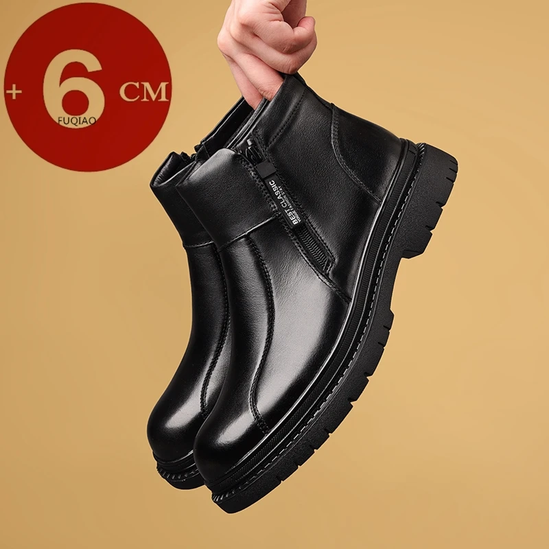 

Men's Genuine Leather Elevator Boots 6cm Inner Height Increase Wool Lined Warm Comfortable Side Zipper High Top Winter Shoes