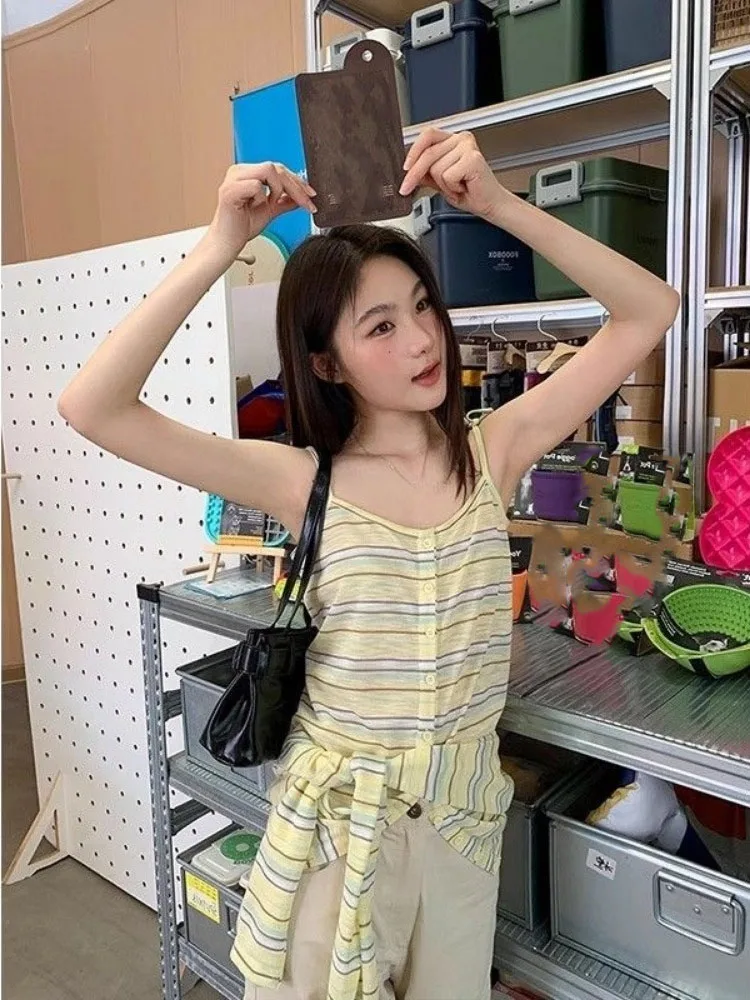 Irregular Striped Two Ways To Wear T-shirt Women Casual Loose Y2k Aesthetic Grunge Tees Streetwear Autumn Single Breasted Tops