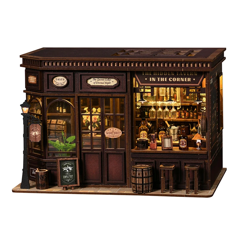 Casa de taberna de esquina DIY, Kit de modelo en miniatura de madera, rompecabezas 3D con muebles ligeros, casas de muñecas, cabaña para amigos, regalos de cumpleaños
