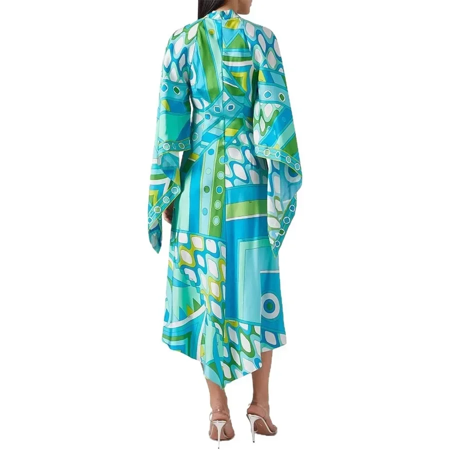 شتاء جديد ملابس منقوشة بكم طويل المرأة فستان ماكسي طويل الخريف الوقوف طوق فستان فضفاض للحفلات