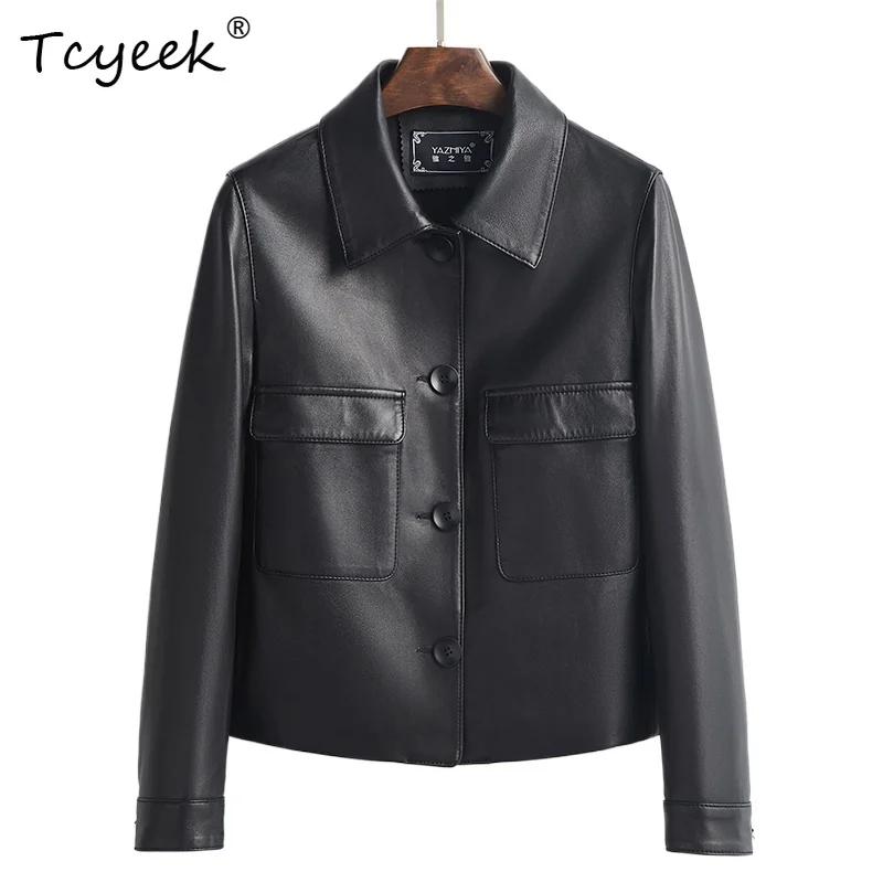Tcyeek Giacca in vera pelle di pecora Plus Size Primavera Autunno Risvolto a maniche lunghe Nero Giacche corte Chaqueta Cuero Mujer