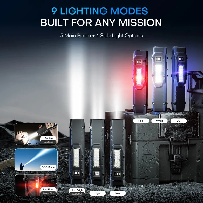 2026 New Rechargeable Flat Flashlights EDC Tactical Flashlight Dual-Switches LED Small Flashlight with Digital Display Stainle