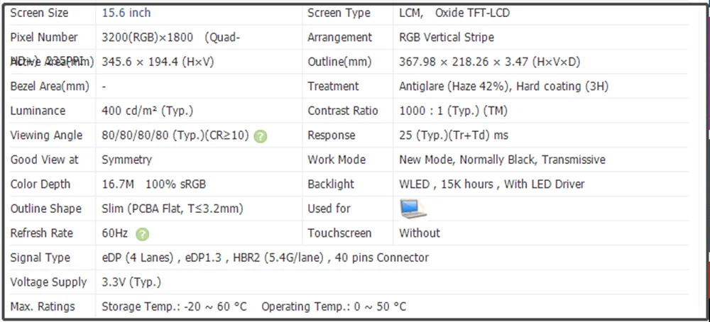 LQ156Z1JW02 15.6 inch LCD Screen IPS Panel QHD 3200x1800 60Hz EDP 40pins 100% sRGB 400 cd/m² (Typ.) DP/N 0JJ74H