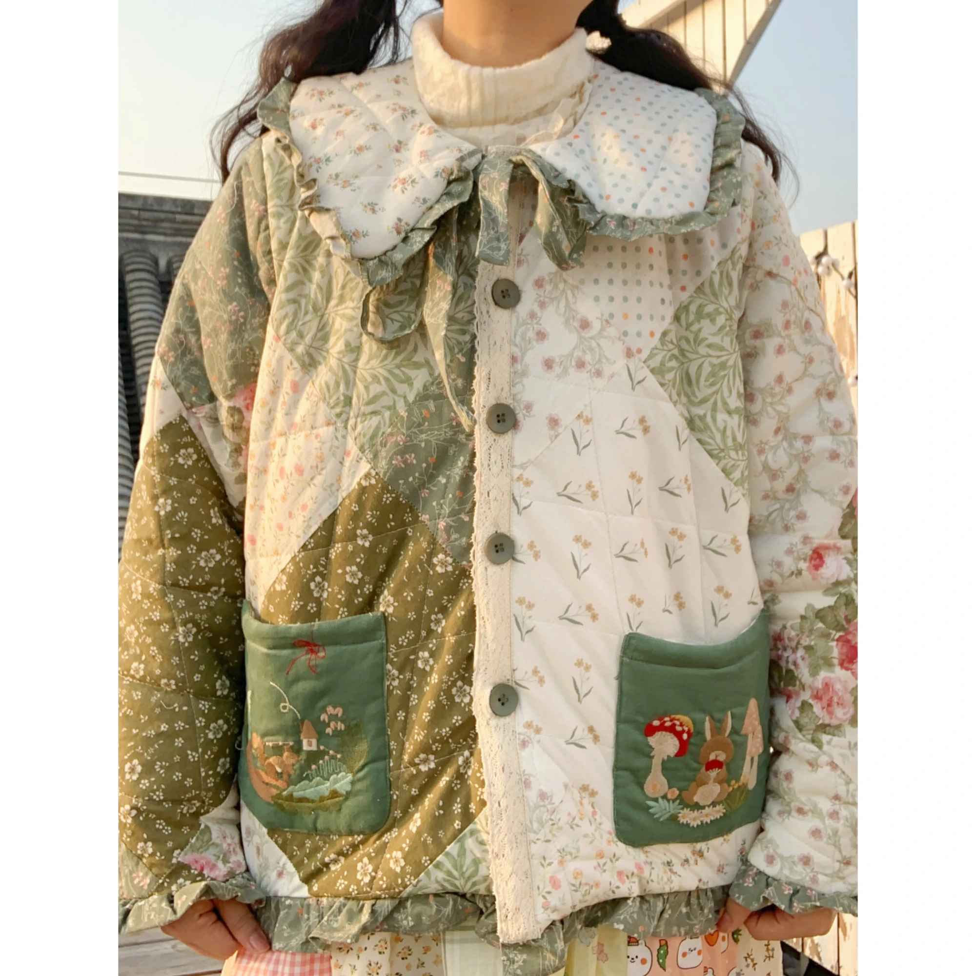 Vintage Sweet Ruffled Lace Patchwork Quilted Coat for Women 2024 Retro Chic Lolita Mori Girl Retro Shabby Chic Cottage Core Coat