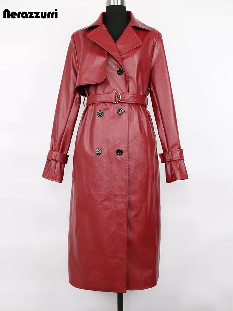 Nerazzurri primavera longo vinho vermelho falso couro trench coat para mulher duplo breasted luxo designer elegante impermeável capa de chuva