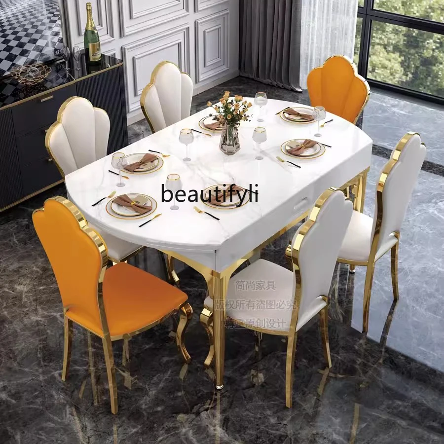 

Bright Light Stone Plate Dining Tables and Chairs Set Retractable Folding Modern Simple Small Apartment Home Variable