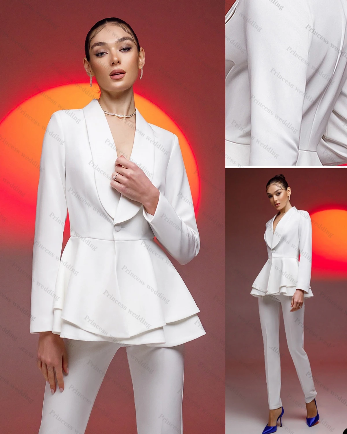 

Candy Color Mother Of The Bride Pants Suits 2 Pieces Ruffles Office Lady Blazer Sets Female High Waist Guest Wear