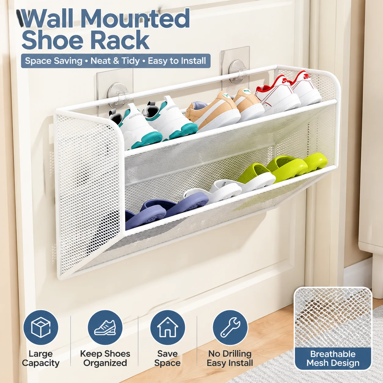 Heavy-Duty Rust-Resistant Wall-Mounted Shoe Rack – Damp-Proof Multi-Tier Entryway & Bathroom Door Hanger