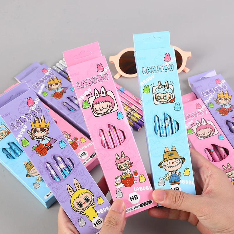 12pcs NEW Labubu Pencil Cartoon Anime Cute Kindergarten Practice Writing Pencil Students Learning Stationery Girls Holiday Gifts