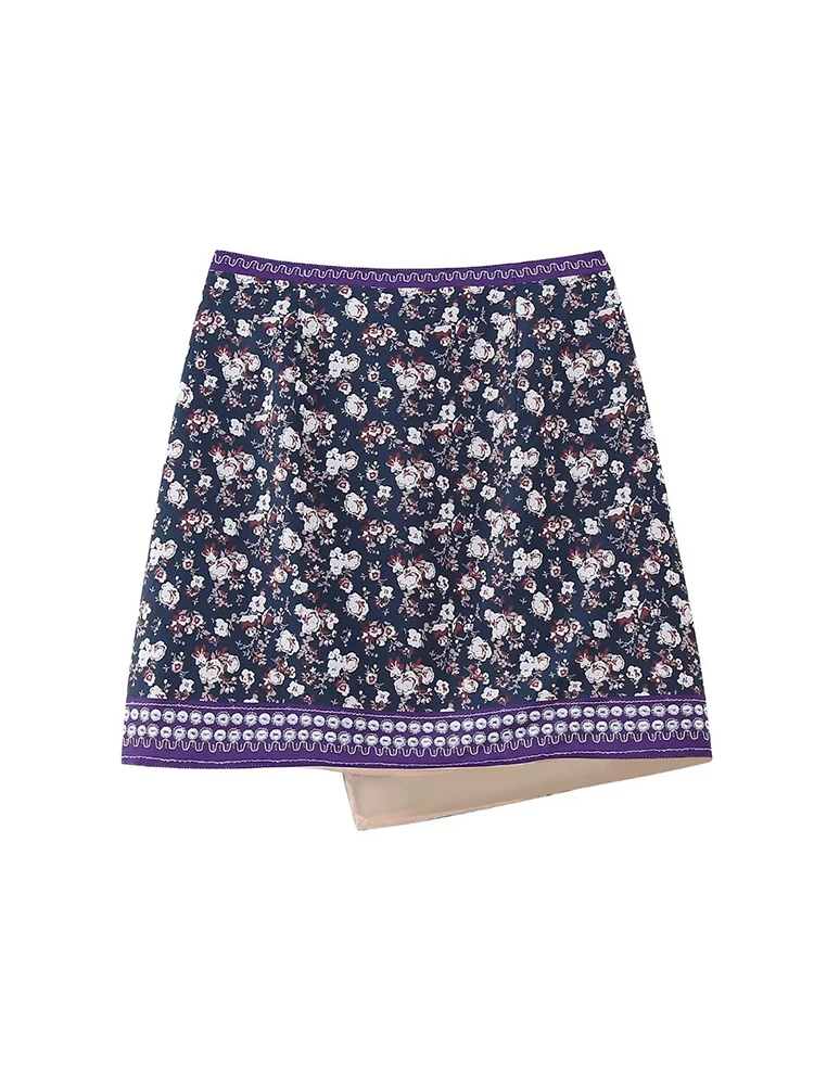 Boho Women Elegant Floral Print Mini Skirts 2023 Fashion Ladies Slim Patchwork Purple Skirt Vintage Female Chic Bottoms