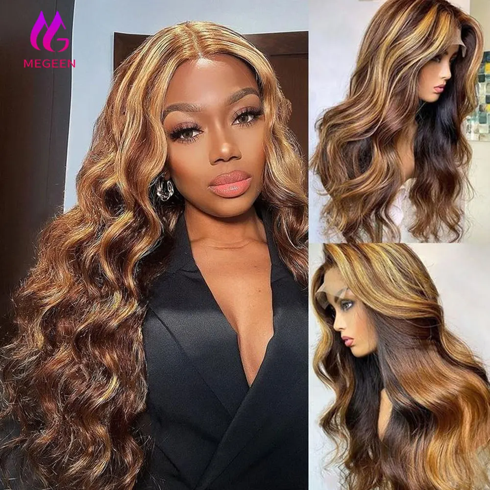 

Megeen 100% Human Hair Highlight P4/27 Body Wave 13X4 Transparent Lace Frontal Wig 12A Pre Plucked Honey Blonde Colored Lace Wig