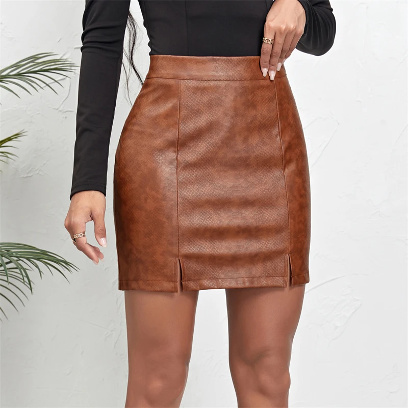 Women Skirt Pu Leather High-waisted Bodycon Skirts A-Line zippered split Short Skirt  Elegant Fashion Pleated Skirts