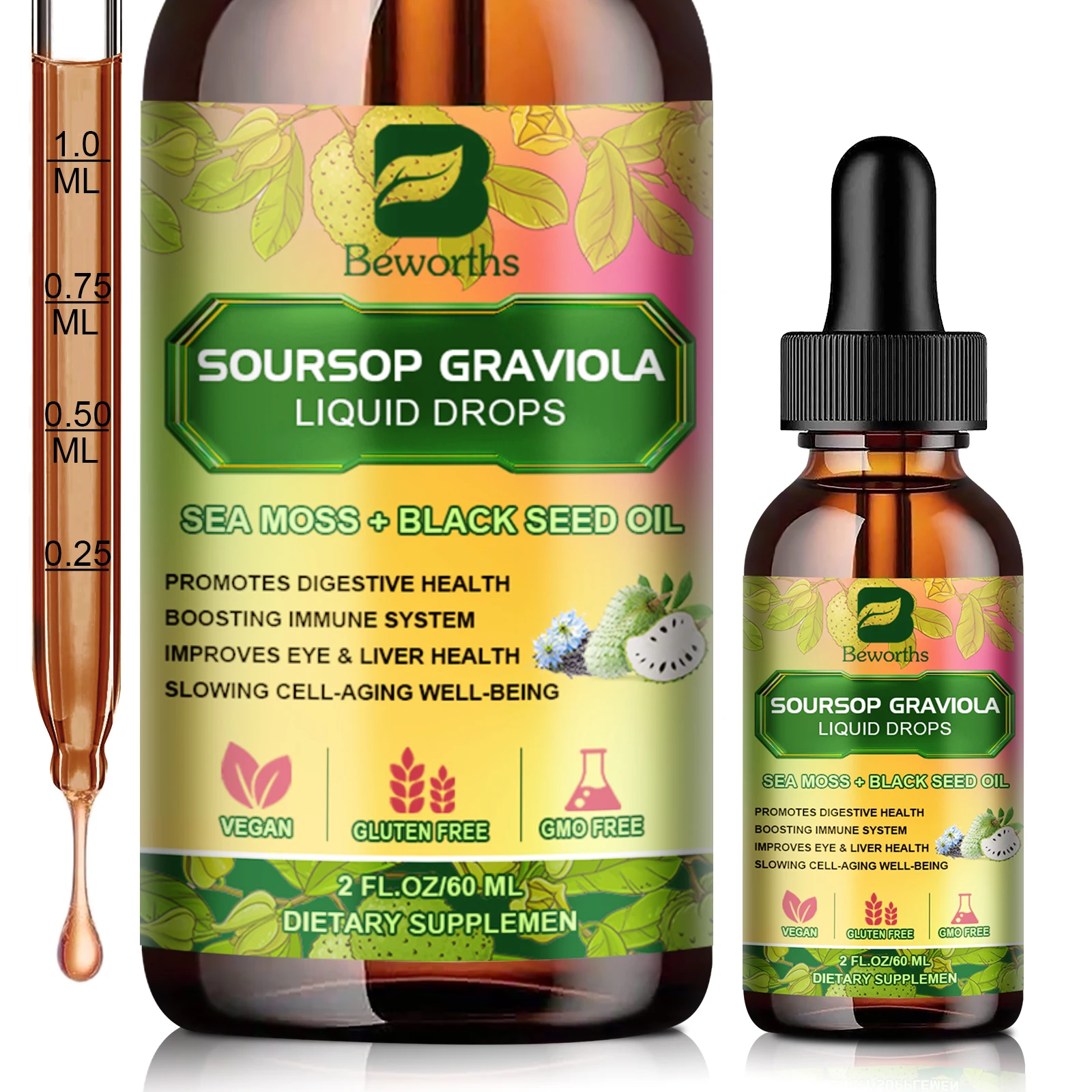 

BEWORTHS 100% органический экстракт гравиолы Soursop, капли, поддержка иммунитета и здоровья почек, детоксикации и антиокислиния, без глютена