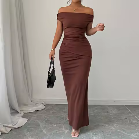 Women Off Shoulder Solid Dress Elegant Maxi Dress Evening Gown Formal Party Dress Slim Fit Long Dress Ladies Chic Formal Wear