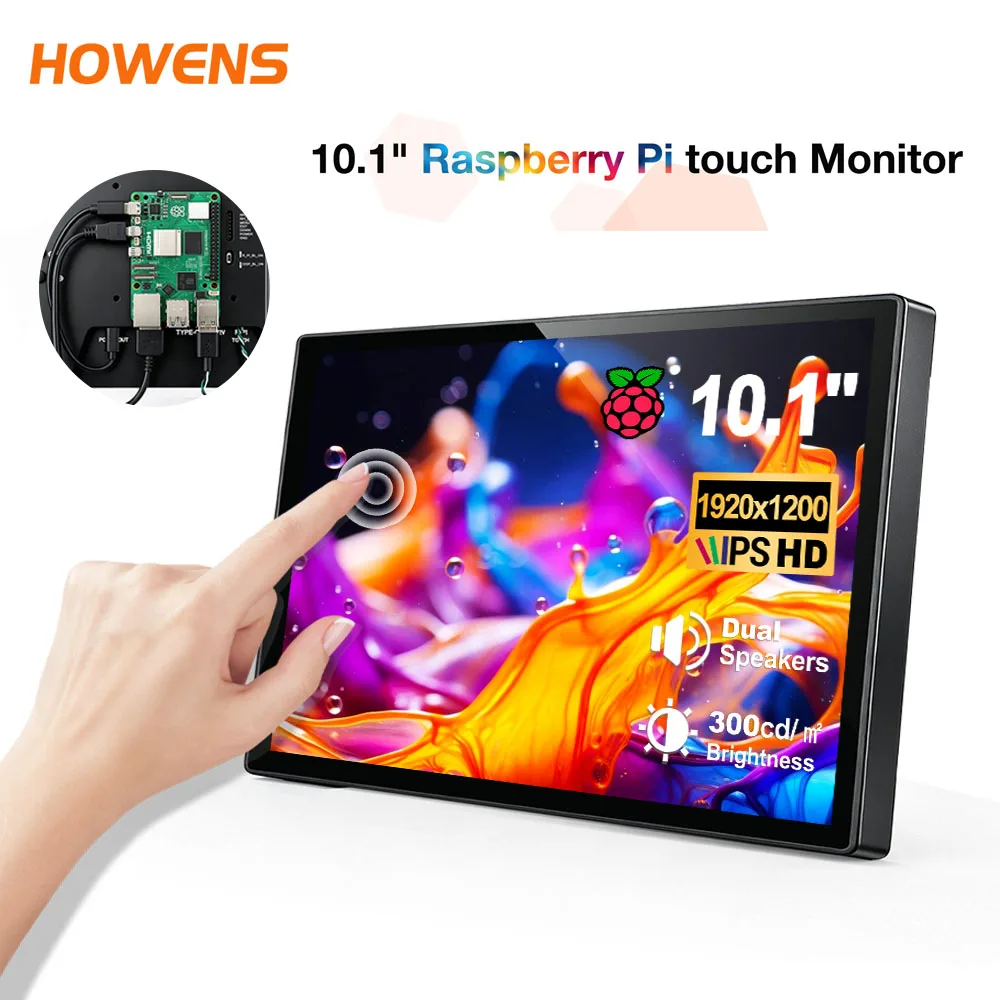 10.1 Inch Portable Monitor 1920*1200 IPS Touch Screen Mini PC Display Dual Speakers Driver Free for Raspberry Pi 5/4B/3B Banana