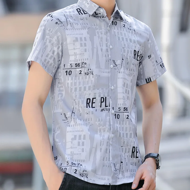 Men\'s Clothing Turn-down Collar Printing Summer Short Sleeve Button Contrast Color Cardigan Shirt Letter Casual Formal Tops