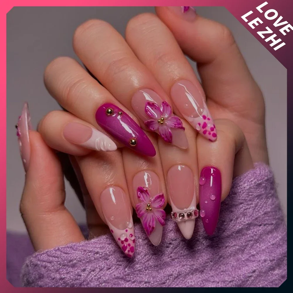 Handmade Press On Nails Y2K 3D French Almond Flowers Full Cover Bow Design Anime Peripherals Fake Nails Manicure Nail for Women