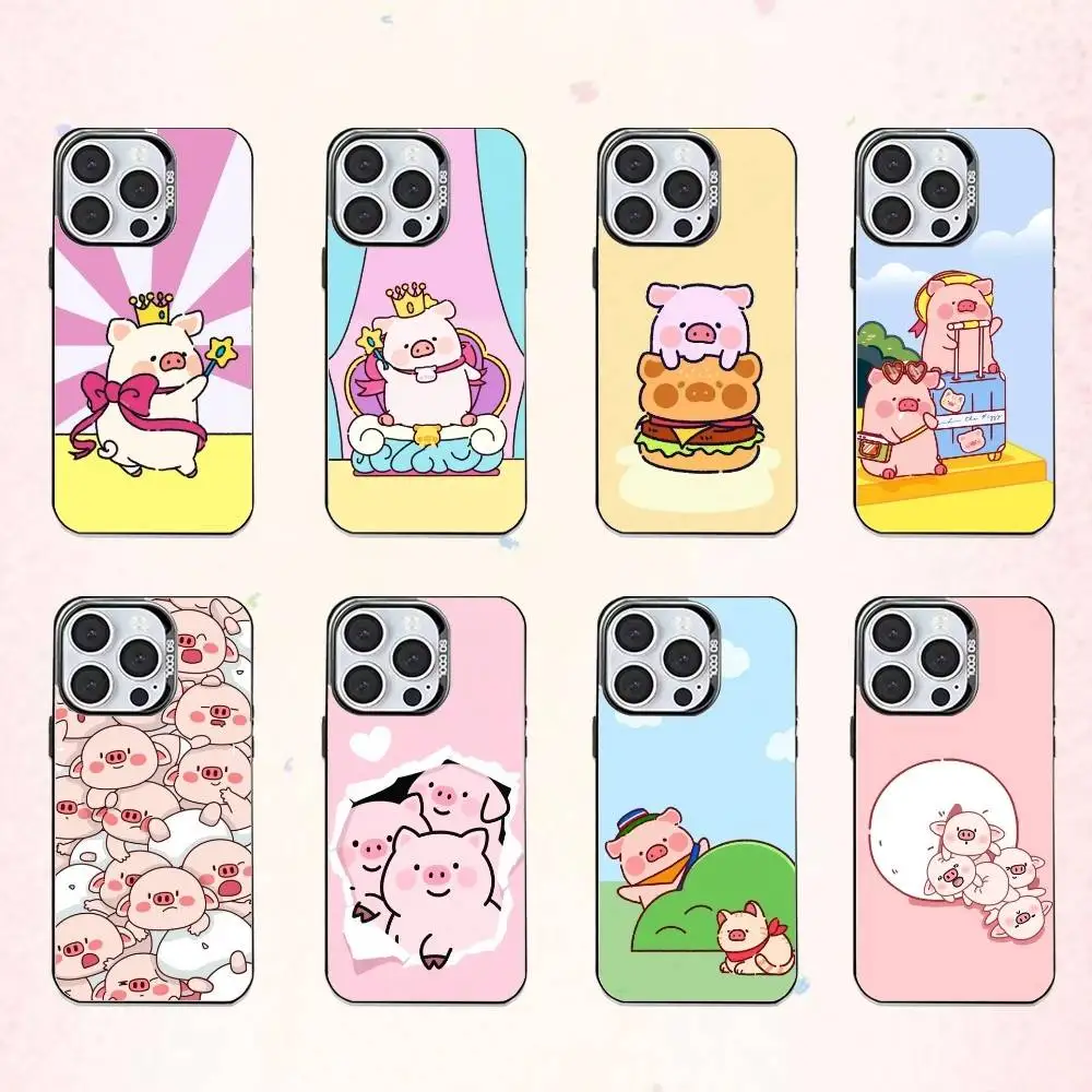 

C-Cute Cartoon Pig Phone Case For iPhone17,16,15,14,13,12,11 Plus,Pro Max Colored Silver Plated Inside Cover