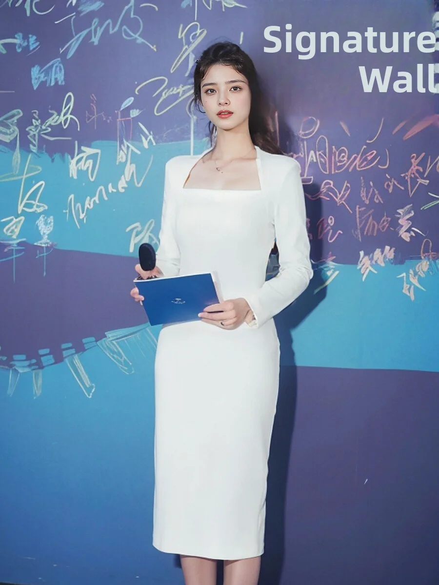 

Ele White Evening Gown Women's Faionable Ceremony Host Dr Formal Ocn Long Sve Mid-Length Polyester Fiber