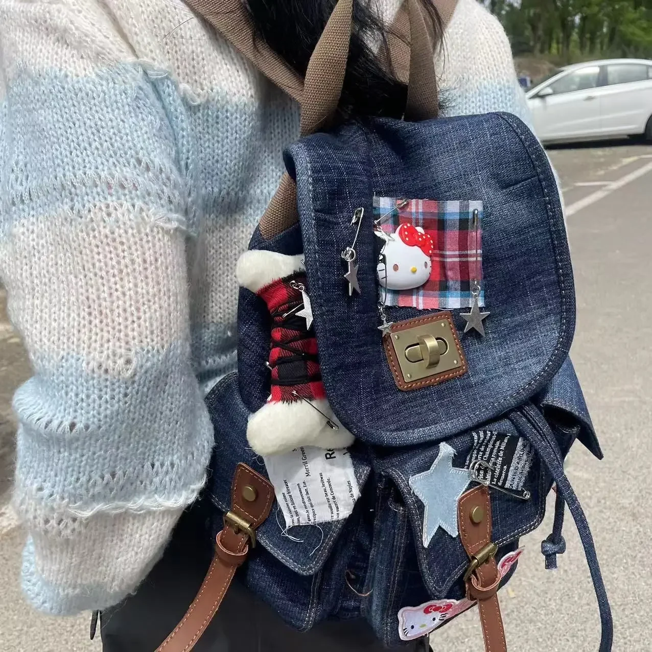 Kawaii Hello Kitty Y2K Backpacks Original Fashion Backpack Vintage Denim Collage Waste Soil Mochila Accesorios for Women Girls