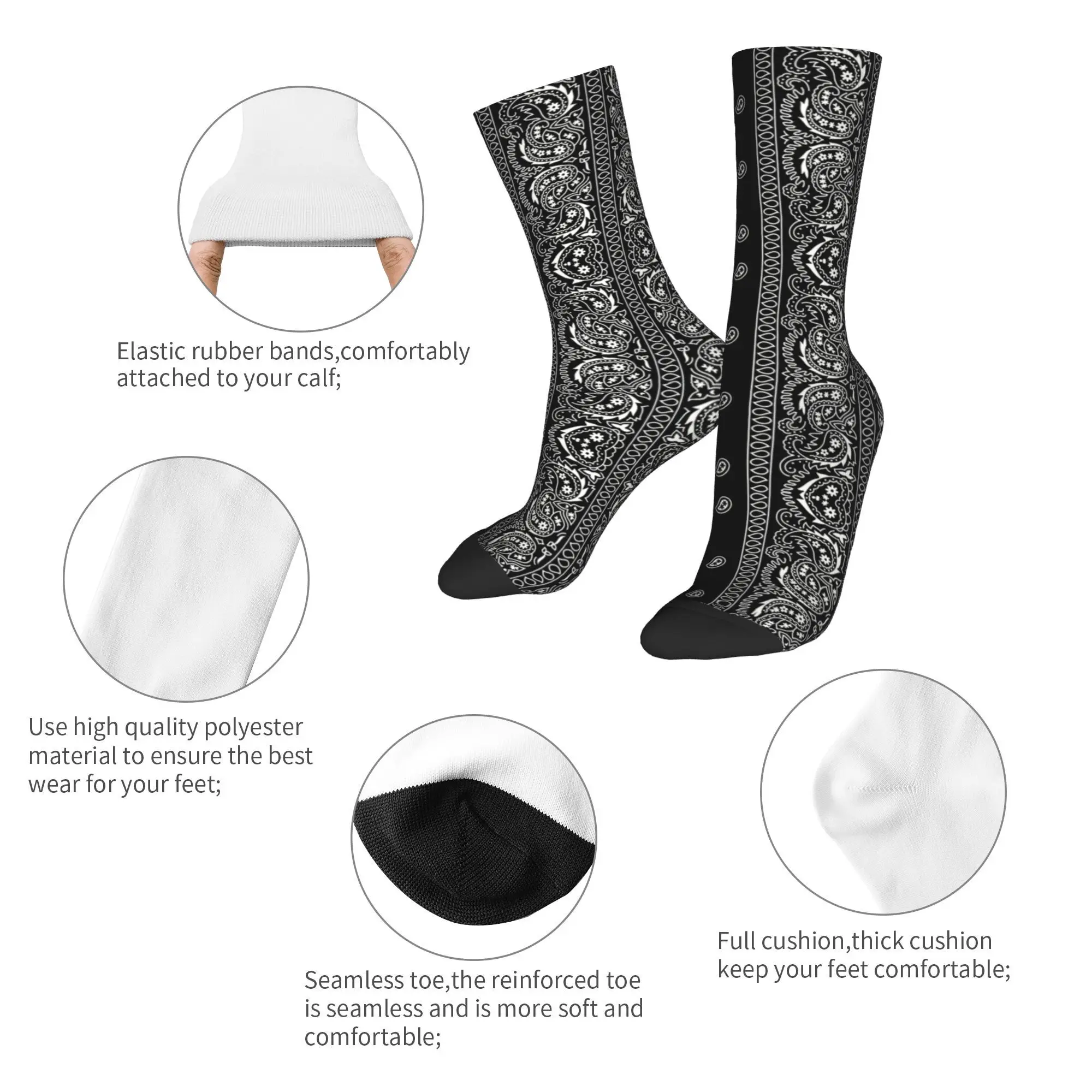 Custom Black And White Paisley Chicano Bandana Style Men Women Crew Socks Unisex Funny Black And White Spring Winter Dress Socks