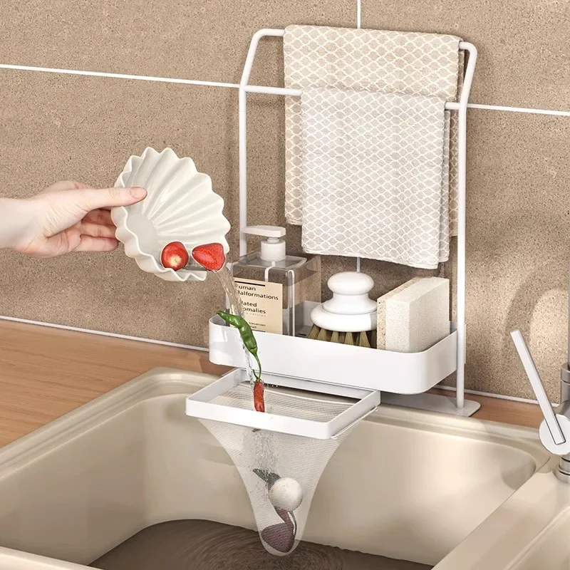 

Kitchen Sink Organizer Sponge Holder with Towel Rack Drain Pan Countertop Nonslip Soap Brush Holder Kitchen Sink Caddy Organizer