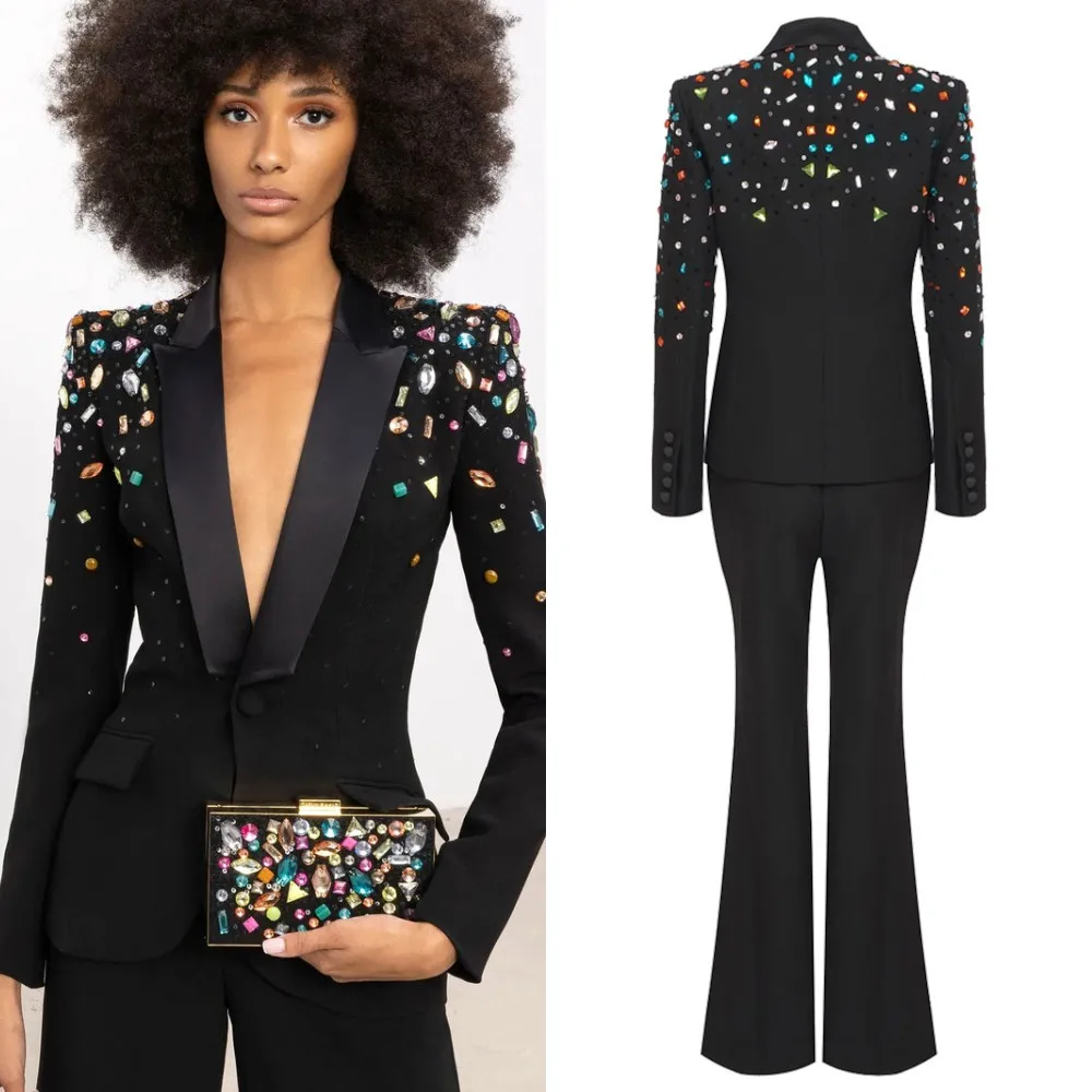 

Customized Colorful Diamond Women Pants Suits Formal Business Slim Fit Working Wear Prom Birthday Party Evening 2 Pieces