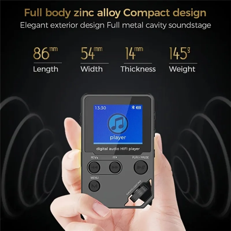 B29C-C5 Lettore musicale MP3 Bluetooth senza perdita da 8 GB, corpo in lega di zinco, controlli rotanti, connessione wireless, registratore vocale