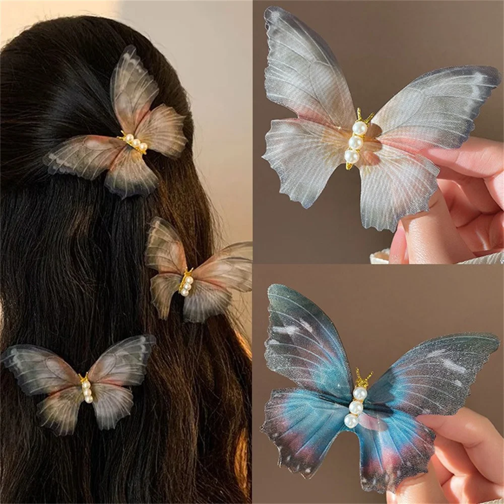 Dynamic Chiffon Butterfly Hair Clip Fairy Pearl Ancient Style Temperament Female Hair Accessories Gift Wholesale