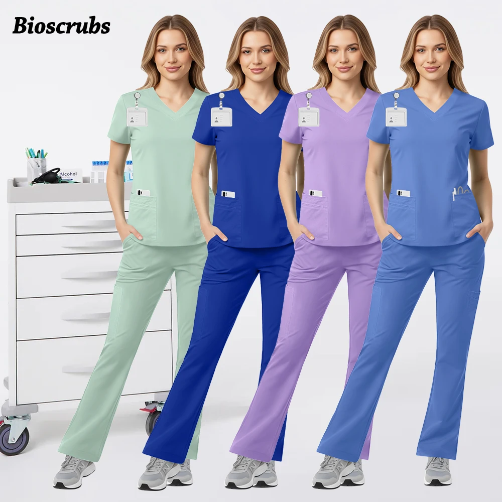 Multicolour Suits Women Doctor Nursing Uniforms Short Sleeve V-neck Tops Pockets Pants Nurse Scrubs Set Medical Clinical Clothes