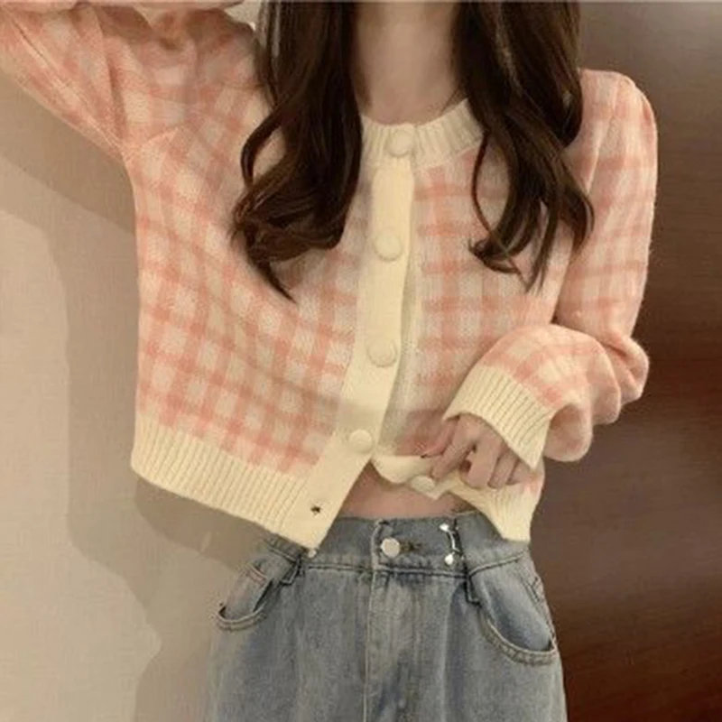 Gidyq Korean Autumn Plaid Cardigan Women Button Knit Casual Crop Top Female Fashion All Match Long Sleeve Sweater Cardigan Coat