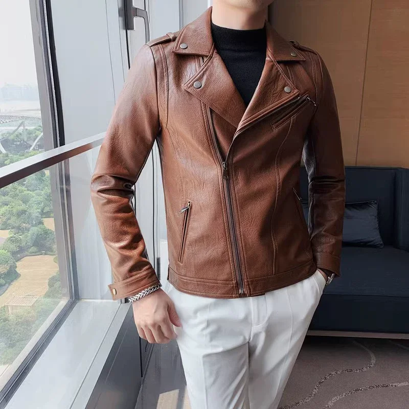 2024 Autumn New Oblique Zipper Leather Jacket Men Slim Fit Lapel Pu Leather Coat Streetwear Motorcycle Riding Uniform 3XL-M