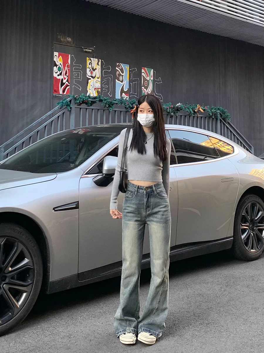 

Джинсовые джинсы-колокольчики с высокой талией, женские винтажные брюки с завышенной талией в американском стиле ретро, длиной до пола, весна 2025, Новое поступление