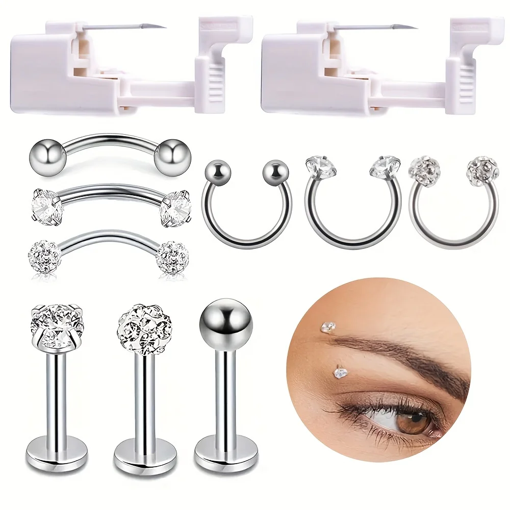 11pcs/Set  Lip/Nose/Eyebrow Ring Piercing Tool Kit Included Disposable Lip Piercing Gun Self Nose Body Piercing Jewelry