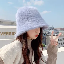 New Rabbit Fur Bucket Hat for Women Fashion Autumn Winter Warm Thickened Fisherman Hat Outdoor Panama Plush Basin Hat Lady Cap