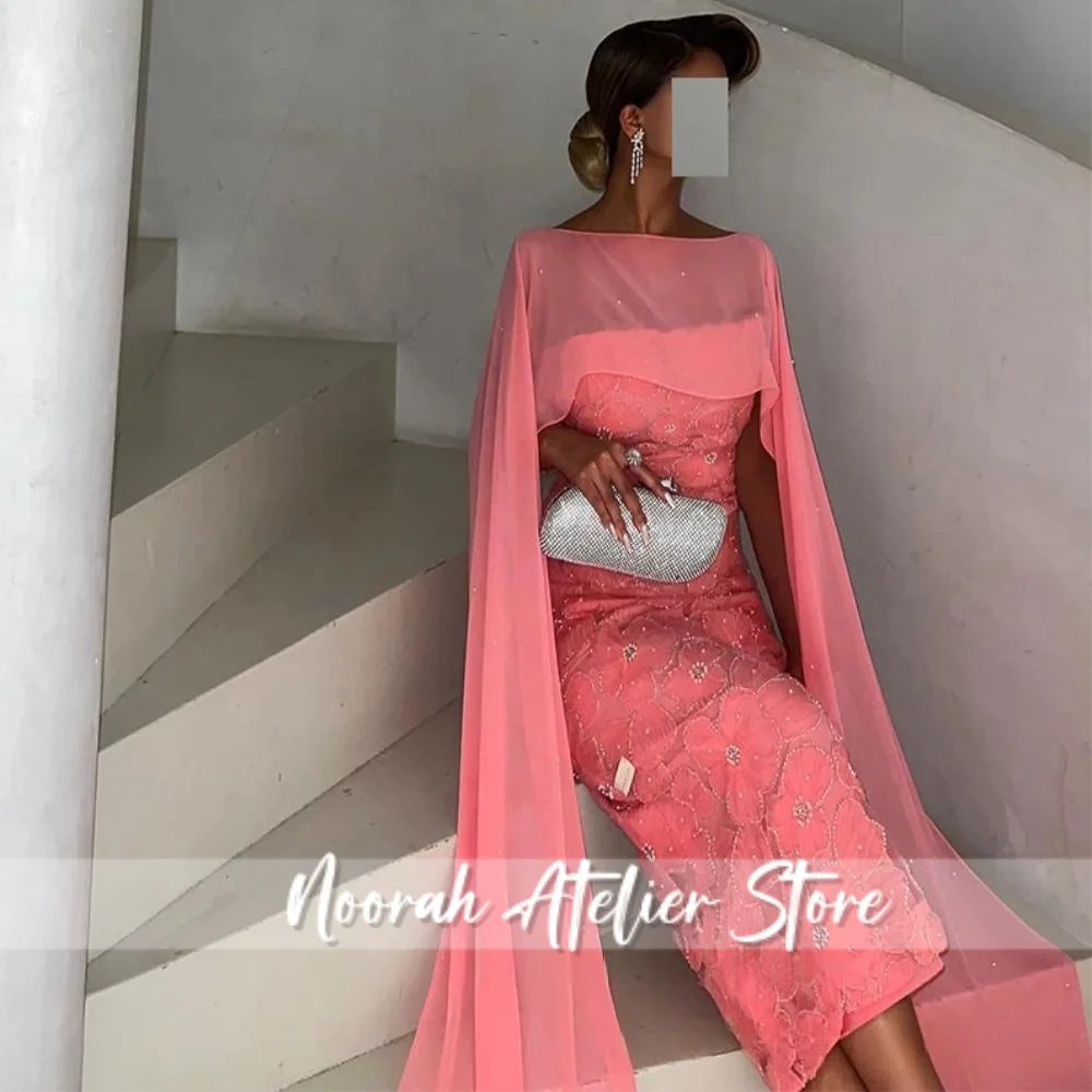 Peach Pink Evening Dress Chiffon Cape Strapless Sleeveless Exquisite 3D Flower Mermaid Party Gown Saudi Prom Dress Customized