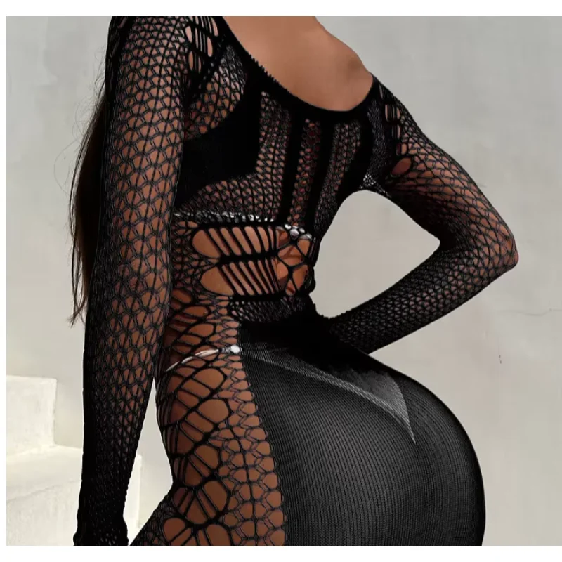 ラウンドネック長袖中空女性ボディコンドレスセクシーなカットアウトスリムフィットランジェリー