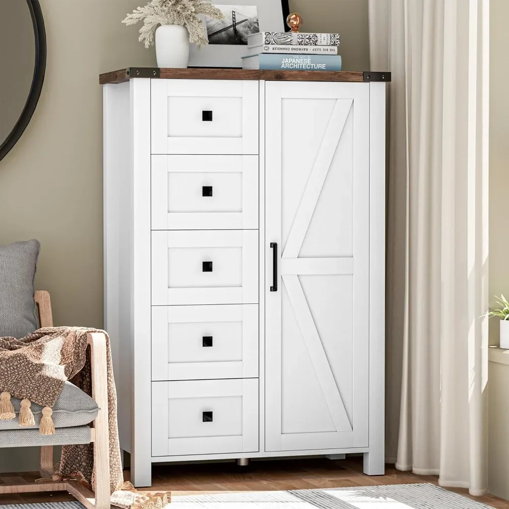 Farmhouse Dresser Storage Cabinet Chest of Drawer for Bedroom, 5 Drawer Dresser with Barn Door, 48 Inch Tall White Wood Dresser,