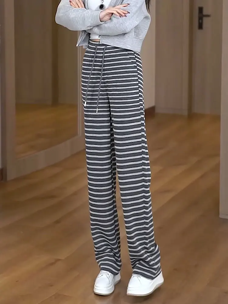 Unieke gestreepte wijde pijpen broek dames losse luie Sle vakantie faion lente zomer nieuwe collectie casual broek met rechte pijpen