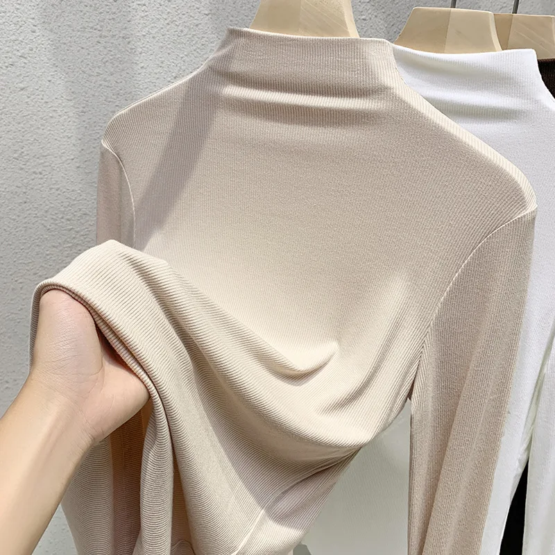 Half High Necked Modal Long Sleeved T-shirt Basic Base Shirt for Women\'s Commuting Fashion Elastic Inner Layer Top