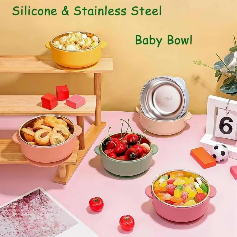 304 Stainless Steel Silicone Sucker Bowl Detachable Heat Resistant Infant Learning Bowl Divided Design Feeding Tableware