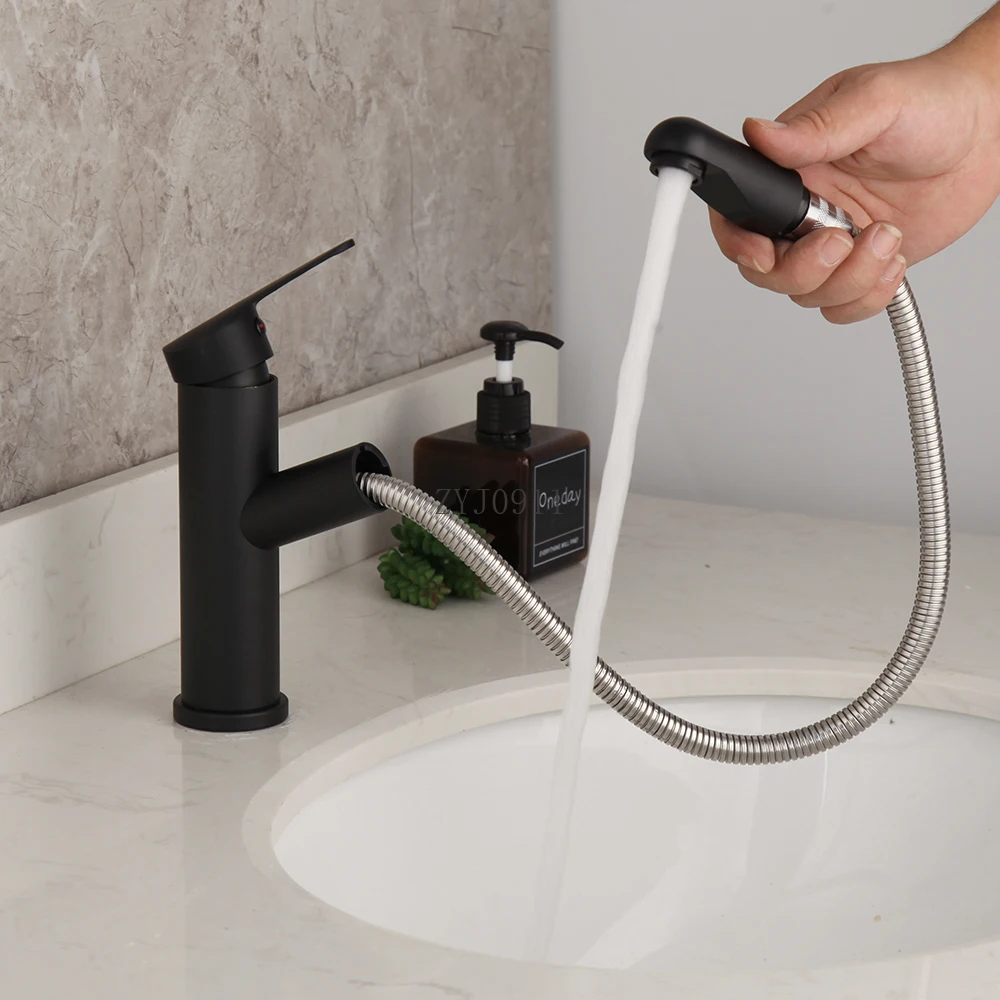 Bathroom Basin Mixer Faucet Deck Mounted Chrome Polish Pull Out Stream Spray Hot & Cold Mixer Matte Black Faucet