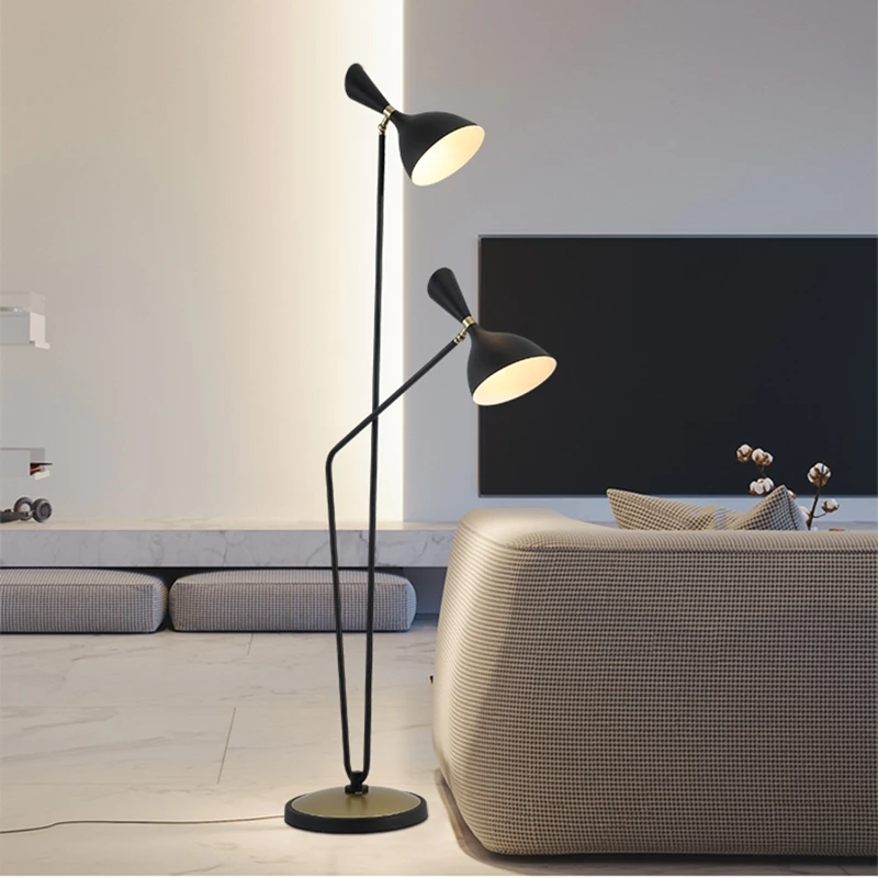 Nordic LED Black White Floor Lamp For Study Living Room Bedroom Cockloft Hotel E14 Double Head Adjustable Shade Stand Light